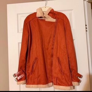Faux Shearling Jacket Womens XL Orange Asymmetrical Zip Belted Winter Coat